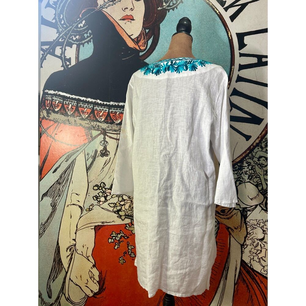 Roberta Roller Rabbit Tunic Women M White & Teal Blue Linen Embroidered V-Neck